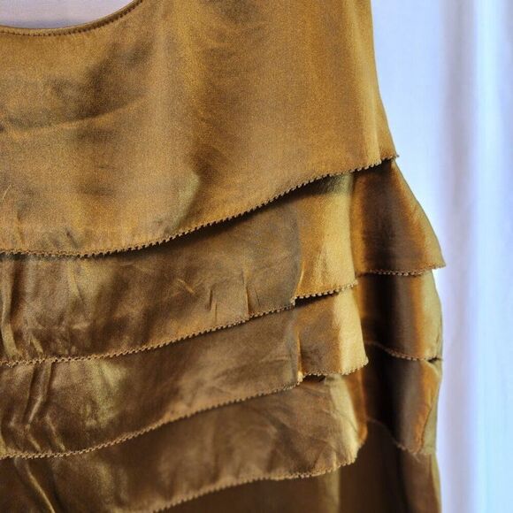 J. CREW FACT 100% SILK GOLD OCHRE BROWN TANK FRONT BACK RUFFLE SIZE 0 SIDE ZIP - Picture 6 of 7